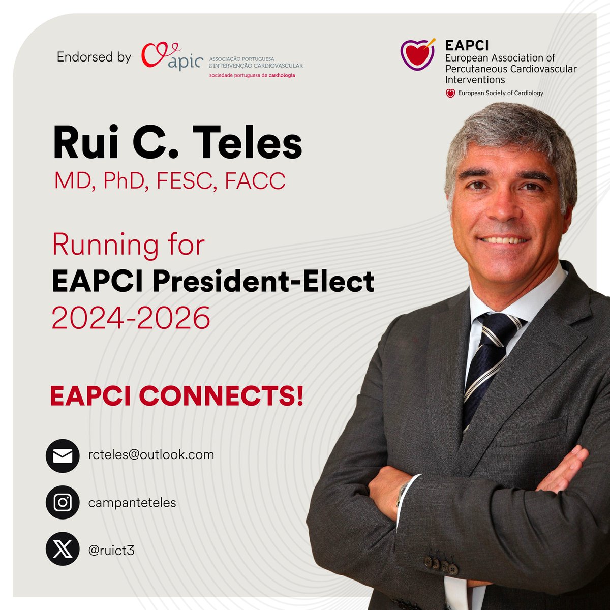 🔔 We are proud to support Rui Teles, APIC's Past President, as candidate for EAPCI President-Elect 2026-2028.

Read more at ruicteles.pt

For more information about the EAPCI elections   please visit shorturl.at/cFKPR

#EAPCI #InterventionalCardiology…