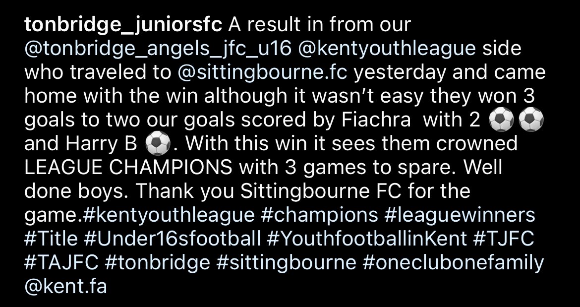 Congratulations to our under 16s @KentYouthLeague who have been crowned champ of their division @KentFA #Champions  #LeagueWinners #Result #Matchreport #Tjfc #TAJFC #oneclubonefamily