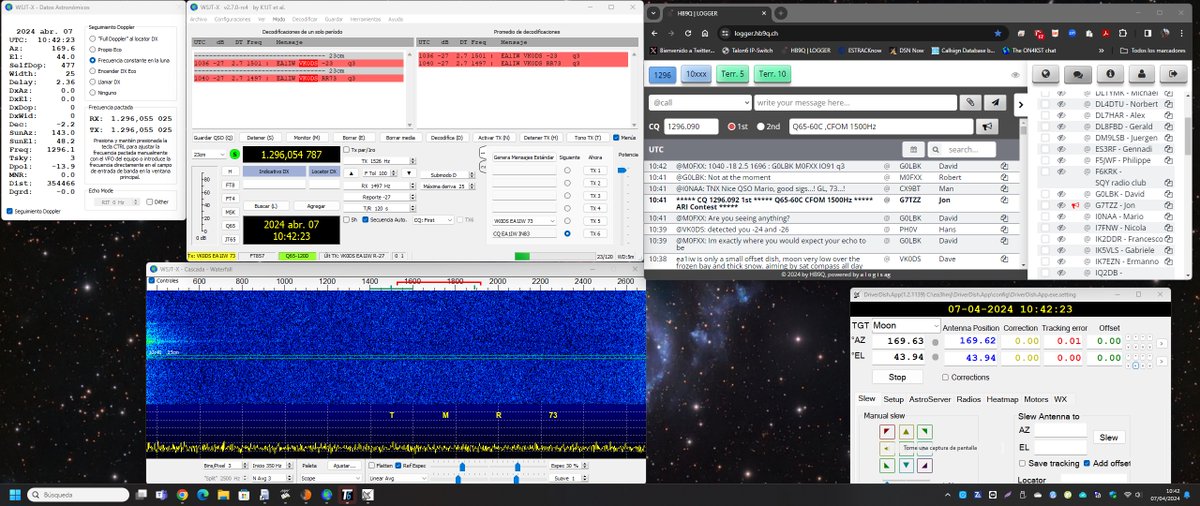 Nice EME 1296Mhz QSO with Dave, in the Davis Station (Antarctica). He´s using a 2.4m mesh dish and 70w..I was using 1.8m dish and 250w. WJST-X Q65 120D. QSO time with Moon elevation barely 7 degrees at Dave site+snowing #EME