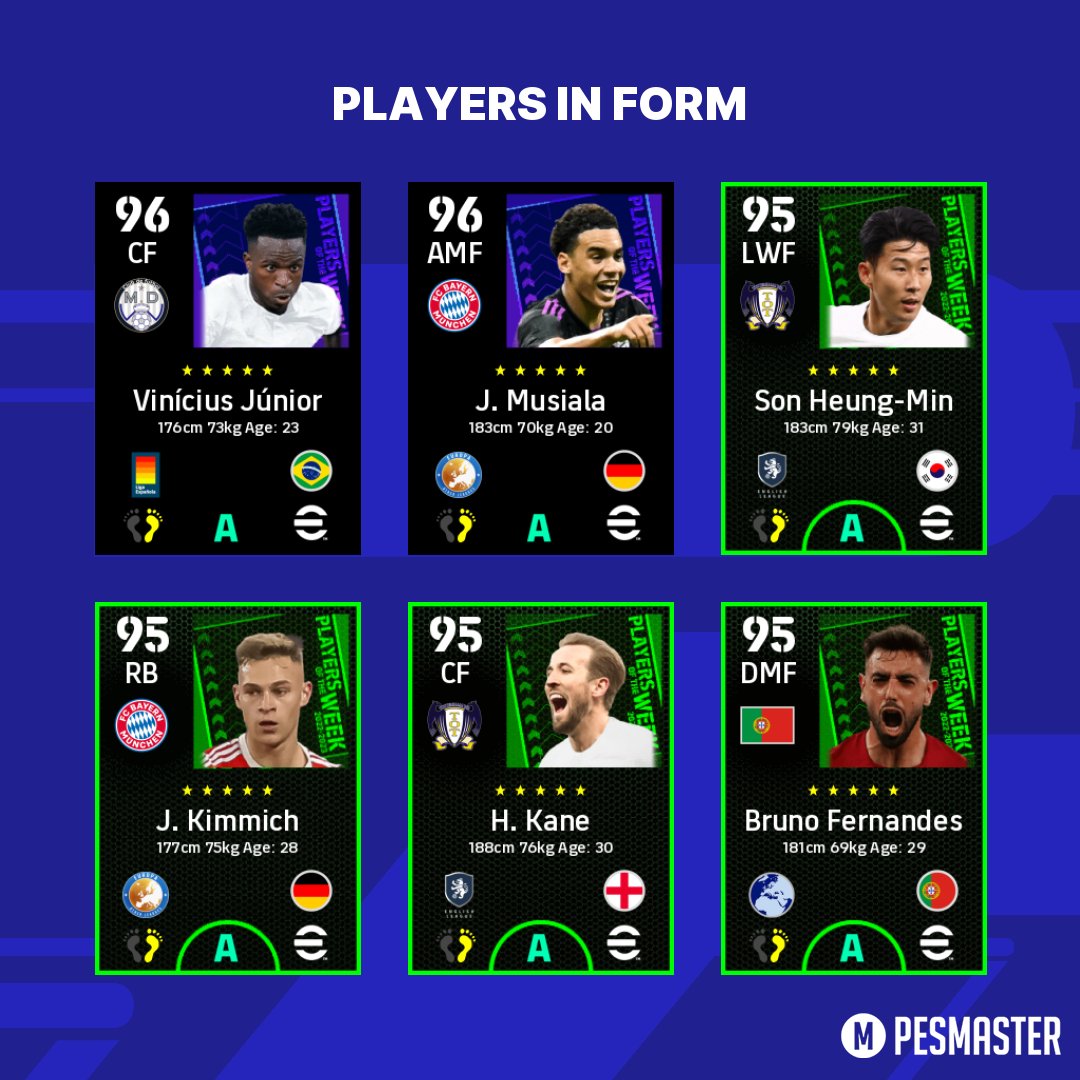 ↗ Players in Form Vinícius Júnior, J. Musiala, Son Heung-Min, J. Kimmich, H. Kane and Bruno Fernandes ➡ pesmaster.com/efootball-2022/