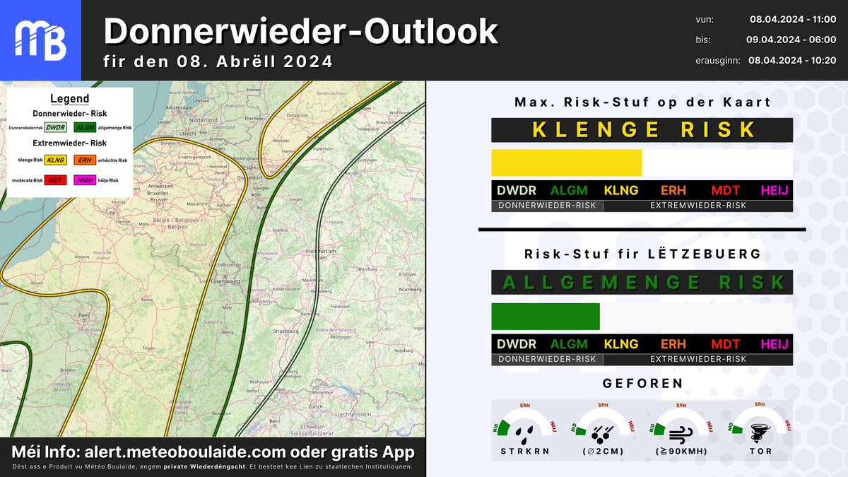 Haut steet a #Frankräich eng Donnerwiederlag un, dat mat Stuermstéiss, Knëppelsteng a Staarkreen. Lëtzebuerg läit esou just net am KLENGE RISK - an trotzdeem ass et net ausgeschloss, dass awer den Owend eppes an de Westen erageschwappt kënnt. Détailer dozou: