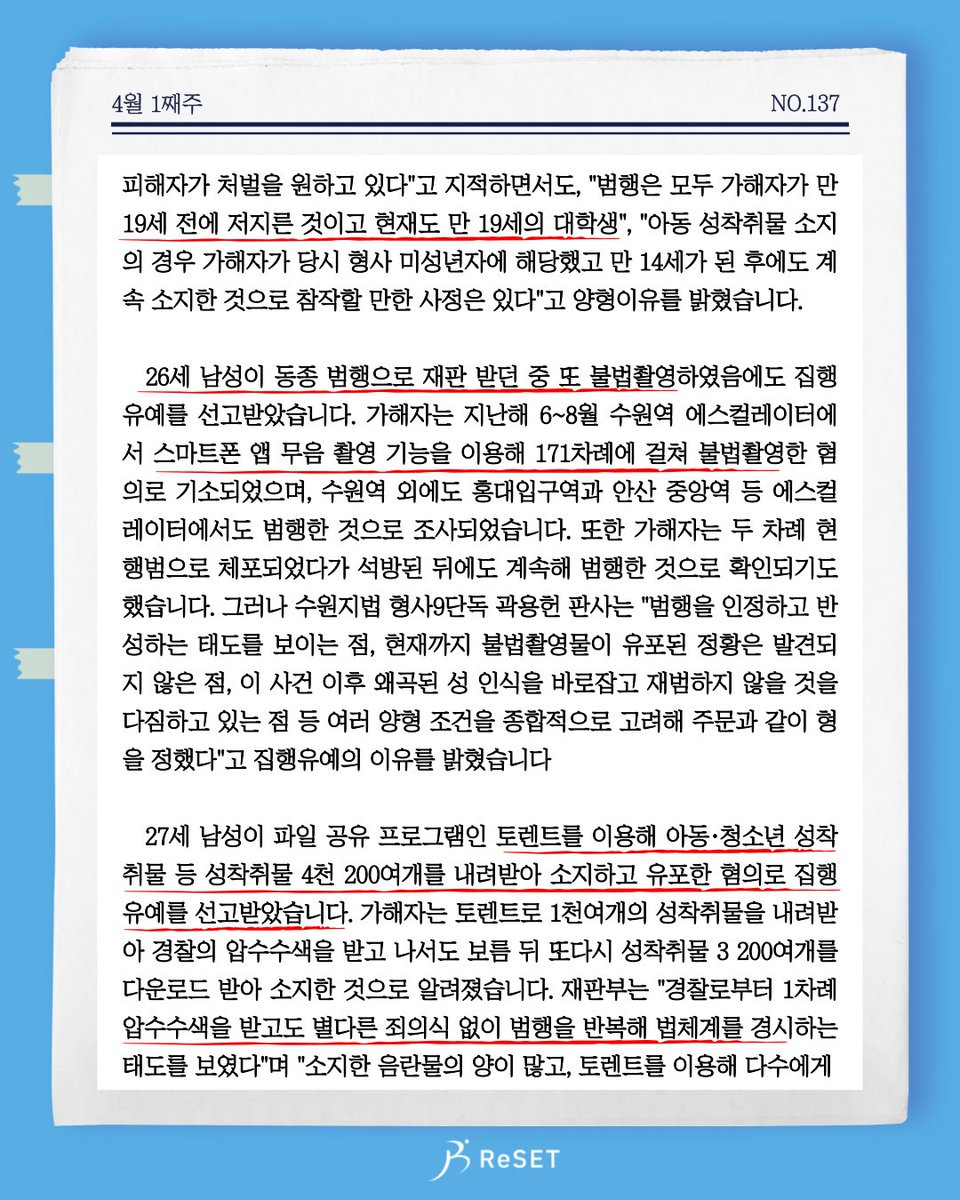더리더 137주차입니다.

아청물 등 성착취물 1천개를 다운받아 압수수색받고도 또다시 성착취물 3,200개를 다운받은 남성, 두 차례 불법촬영 현행범으로 체포된 후에도 171차례 불법촬영한 남성, 고등학교/대학교에서 불법촬영하고 아청물을 소지한 남성이 집행유예를 선고받은 것으로 나타났습니다.
