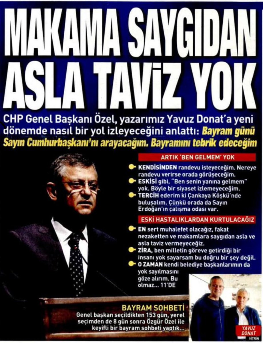 Sabah Gazetesi'nin bugünkü manşetinde Özgür Özel'in olmasına şaşıran muhalif kesimin niye bu kadar şaşırdığını anlamıyorum... Özgür Özel ne diyor: - Makama saygıdan asla taviz yok. -Eskisi gibi ben senin yanına gelmem yok. Ben böyle bir siyaset izlemeyeceğim. - Ben milletin…