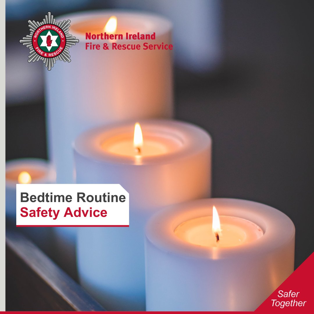 Do you have a bedtime routine? Follow our safety advice to reduce the risk of fire: 🔌Switch off & unplug electrical appliances & devices 🚭Empty ashtrays 🕯Blow out candles 🔥Place a spark guard in front of open hearth fires 🚪Close doors 🔑Check door keys are easily available