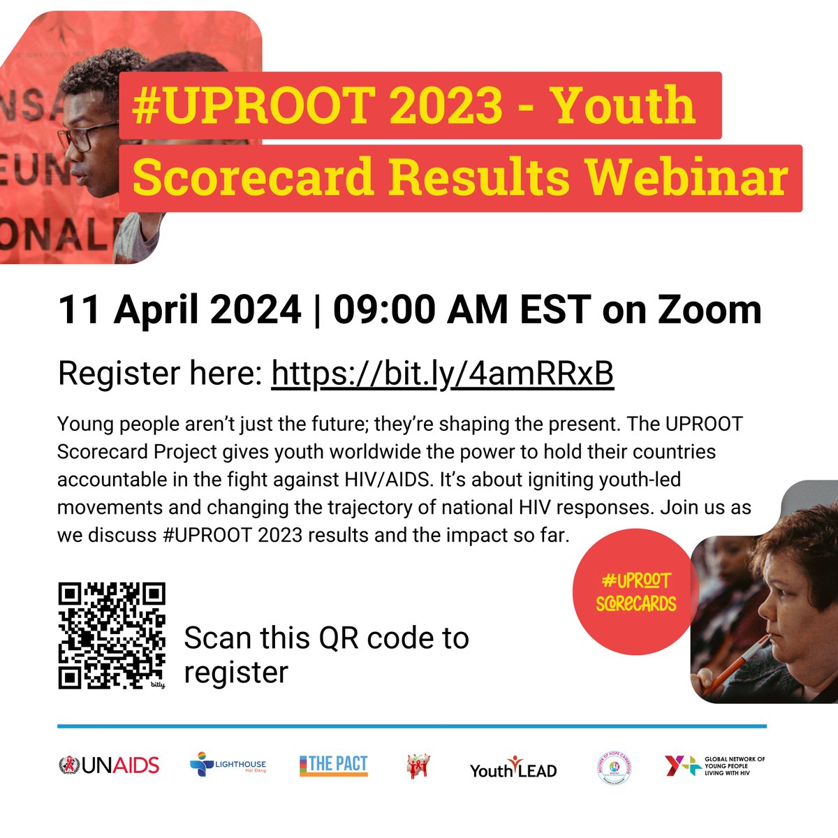Join us on 11 April at 09:00 (EST)/ 15:00 (CEST) for the #UPROOT2023 showcase webinar. Learn from country networks that implemented the UPROOT scorecard in 2023 and those that conducted advocacy based on results. Register now 👉🏼 bit.ly/4amRRxB or scan the QR code!