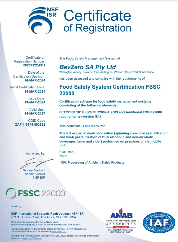 europawire's tweet photo. BevZero, a leading provider of innovative beverage solutions, proudly announces that its South Africa team has attained the prestigious FSSC 22000 Food Safety Management System certification https://t.co/HP2YHyNbTy #Dealcoholization #Nonalcoholic #DealcoholizationEquipment #FSSC22000 #ISO22000