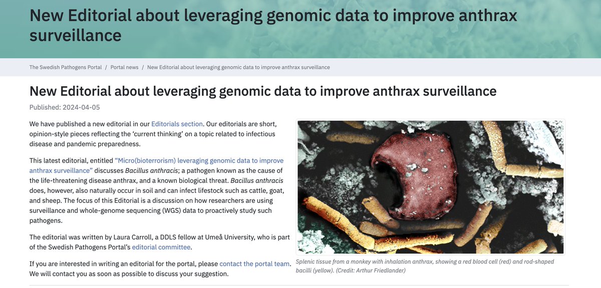 New Editorial on pathogens.se discussing Bacillus anthracis; a #pathogen known as the cause of the life-threatening disease anthrax by Laura Carroll DDLS-fellow at @umeauniversity pathogens.se/editorials/mic… #pandemic #preparedness #pathogens @scilifelab