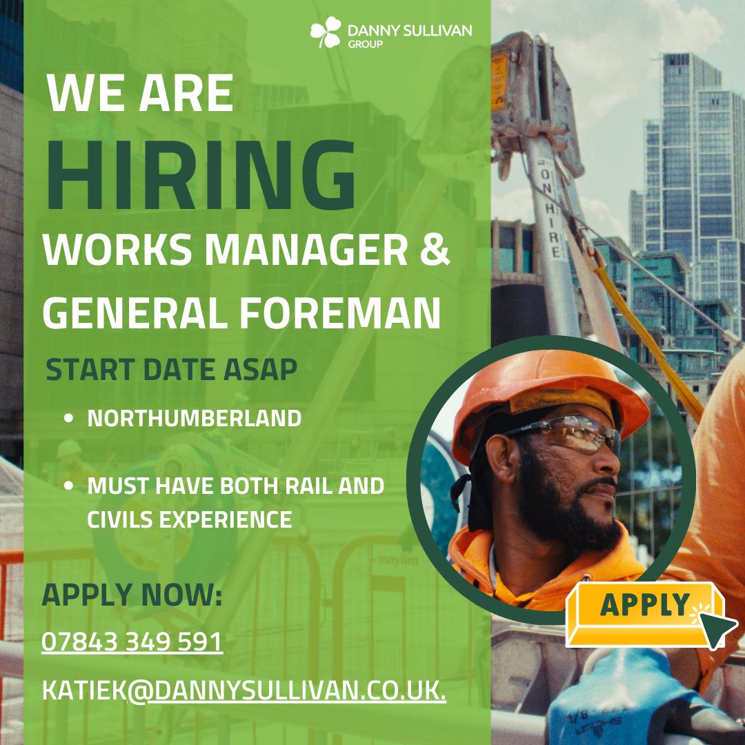 Join Our Team! 🚄 We're seeking a #WorksManager & #GeneralForeman for the Northumberland Line project! Must-have: Rail & Civils experience. Ready to start ASAP. Contact Recruiter, Katie Keary (CertRP) at katiek@dannysullivan.co.uk for more information on these roles. #hiring