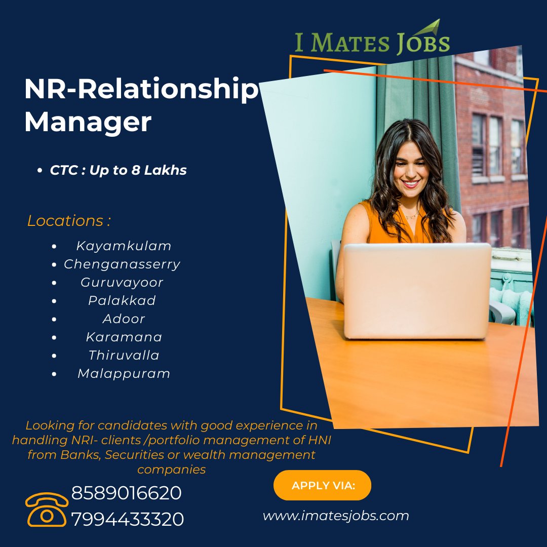 Urgent Vacancy in Across Kerala

Relationship Manager ( Nri banking)
Ctc : Up to 8 Lakhs

Apply Via : imatesjobs.com/job/nr-relatio…

#banking #bankingjobs #nr #relationshipmanager #portfoliomanagement #bankingslaes #hniclients