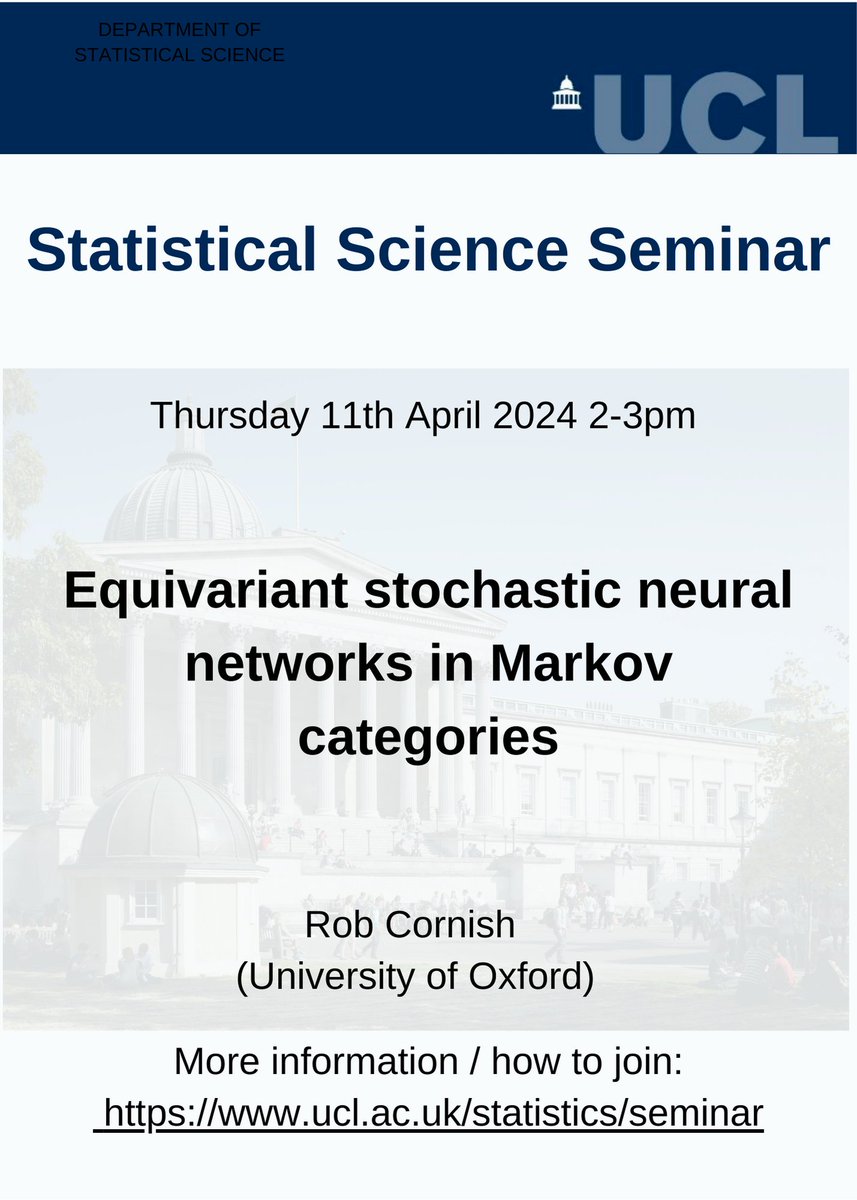 This week's Departmental seminar will be given by Rob Cornish (University of Oxford). Time and date: Thursday 11th April 2-3pm In-person location: 1-19 Torrington Place, B09 Link to join online: contact ( stats-seminars-join@ucl.ac.uk )