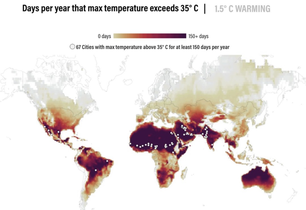 Exposure to temps >35°C for extended periods poses a huge risk to human lives, potential #heatstroke and reduced productivity. The cities where such conditions are prevalent and worsening are already known. #Adaptation is essential to the survival of people in these regions.