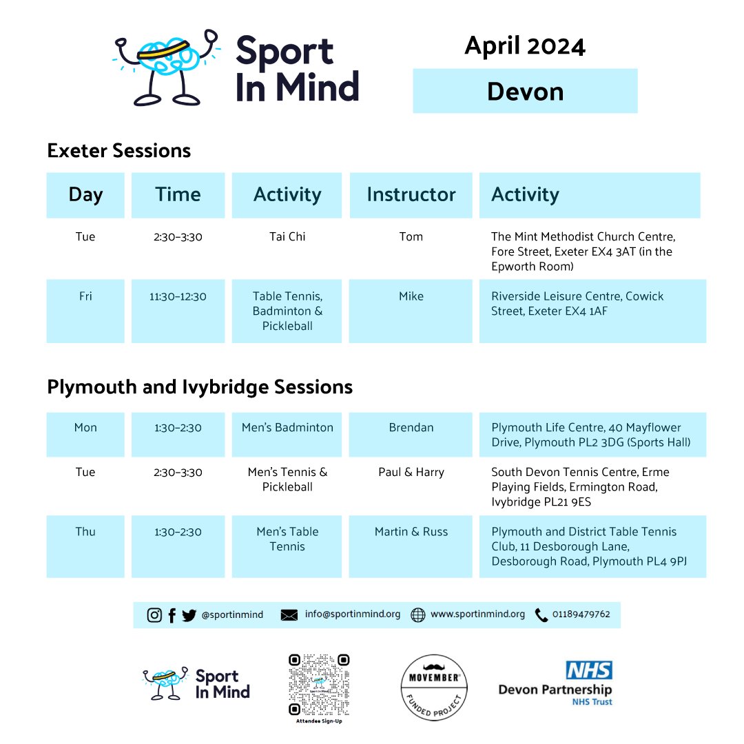The Devon Mental Health Alliance (@devonmha) on Twitter photo Get active this month! <a href="/sportinmind/">Sport in Mind</a> has just released its timetable of activities for April 2024 in Exeter, Plymouth and Ivybridge. Check it out and find out more: loom.ly/v5K8Xxc Get active this month! <a href="/sportinmind/">Sport in Mind</a> has just released its timetable of activities for April 2024 in Exeter, Plymouth and Ivybridge. Check it out and find out more: loom.ly/v5K8Xxc