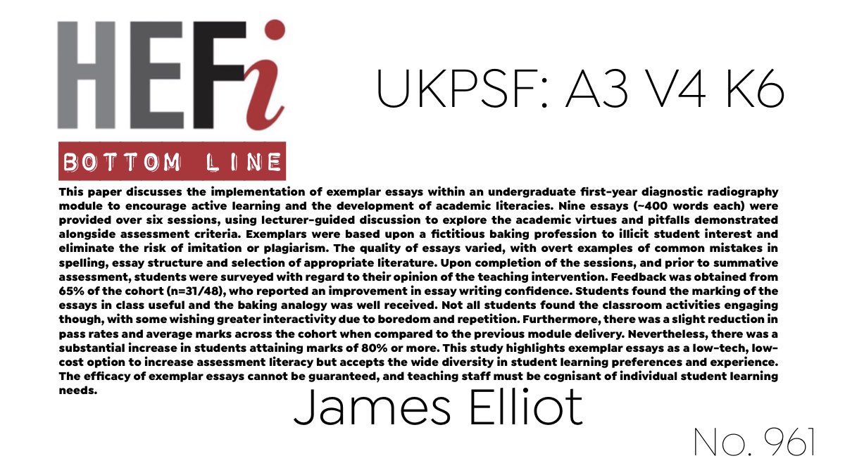 #BottomLine No. 961: Half-baked essays: the embedded use of writing exemplars to encourage active learning for radiography students James Elliot @Paleoimaging @SAPHP_CCCU in @jldhe1 shorturl.at/opBM2