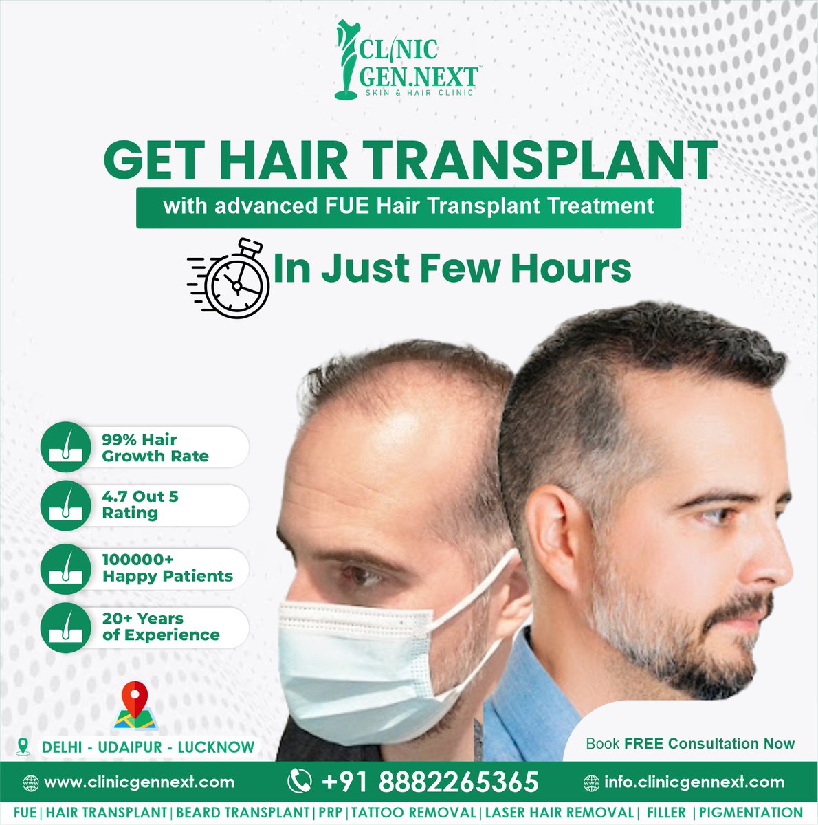 GET HAIR TRANSPLANT
with FUE Hair Transplant Treatment🥳🥳🥳🥳🥳
In Just a Few Hours⌚️

#ClinicGenNext #HairTransplant #SkinTreatment #Wrinkles #Moles #Acne #SkinCare #HairLossSolution #ConfidenceBoost #FUE #FUT #FreeConsultation #HairCare #Dermatology #Skintreatment