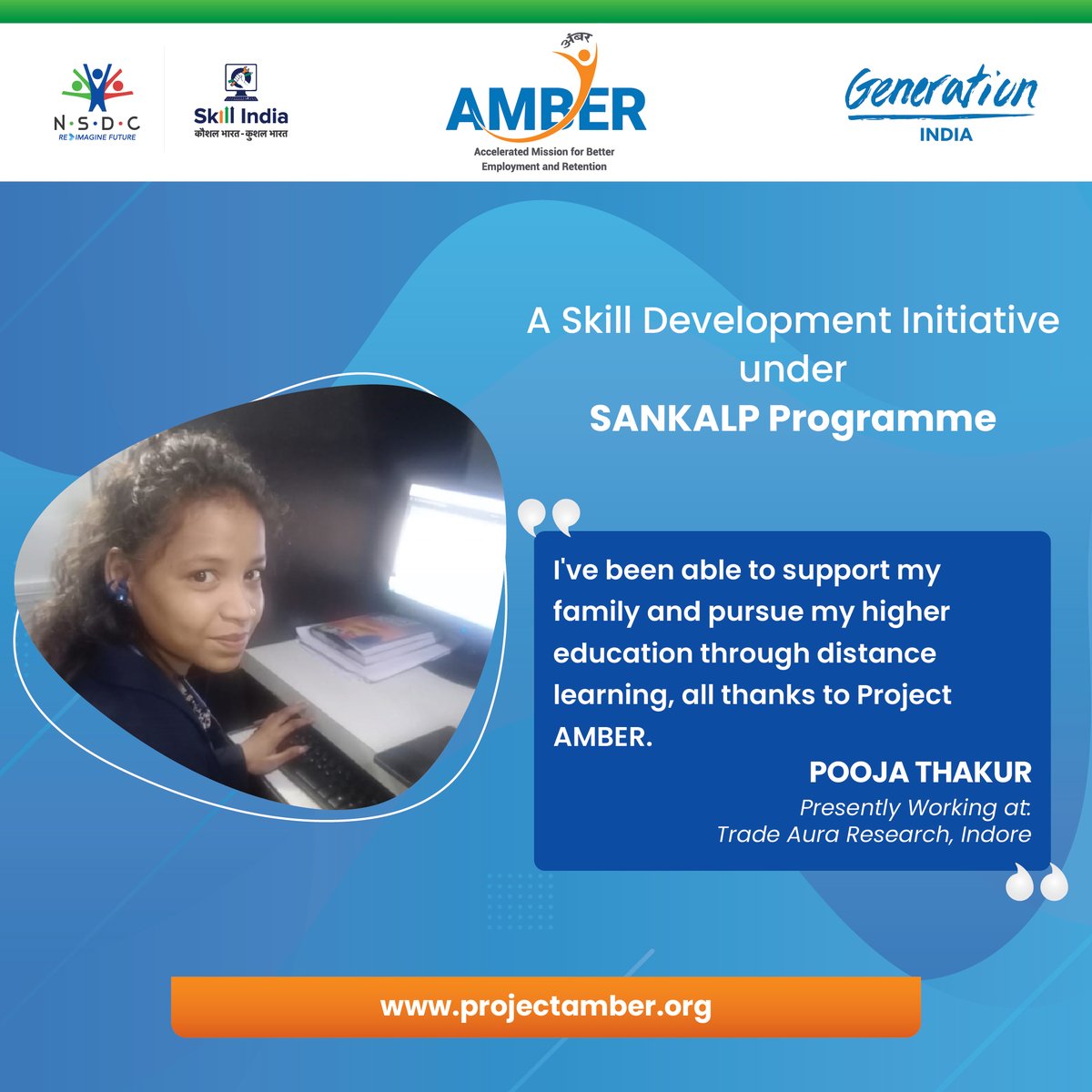 Pooja finished high school and wanted to help her family. She struggled to continue her education until she discovered Project AMBER's Customer Care Executive program.  #SkillsTraining #SuccessStory #EmpoweringCommunities #Gratitude