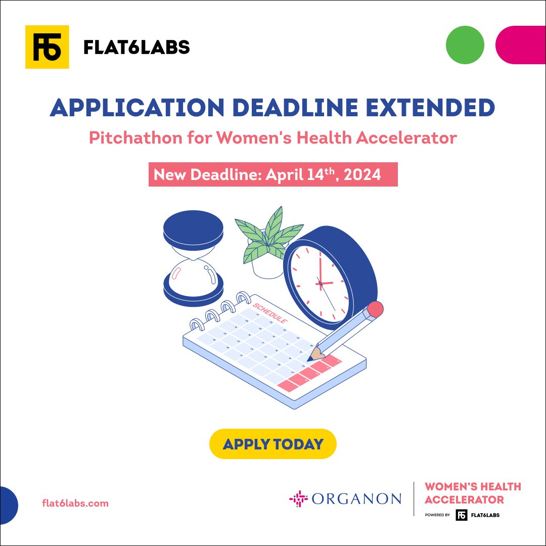 Application deadline for the Pitchathon for Women's Health Accelerator is extended to April 18th! Apply now to have your application fast-tracked to #Women's #Health #Accelerator, in partnership with Organon 👉 hubs.ly/Q02s3vMd0 #Flat6Labs #WomensHealth #WomensWellness
