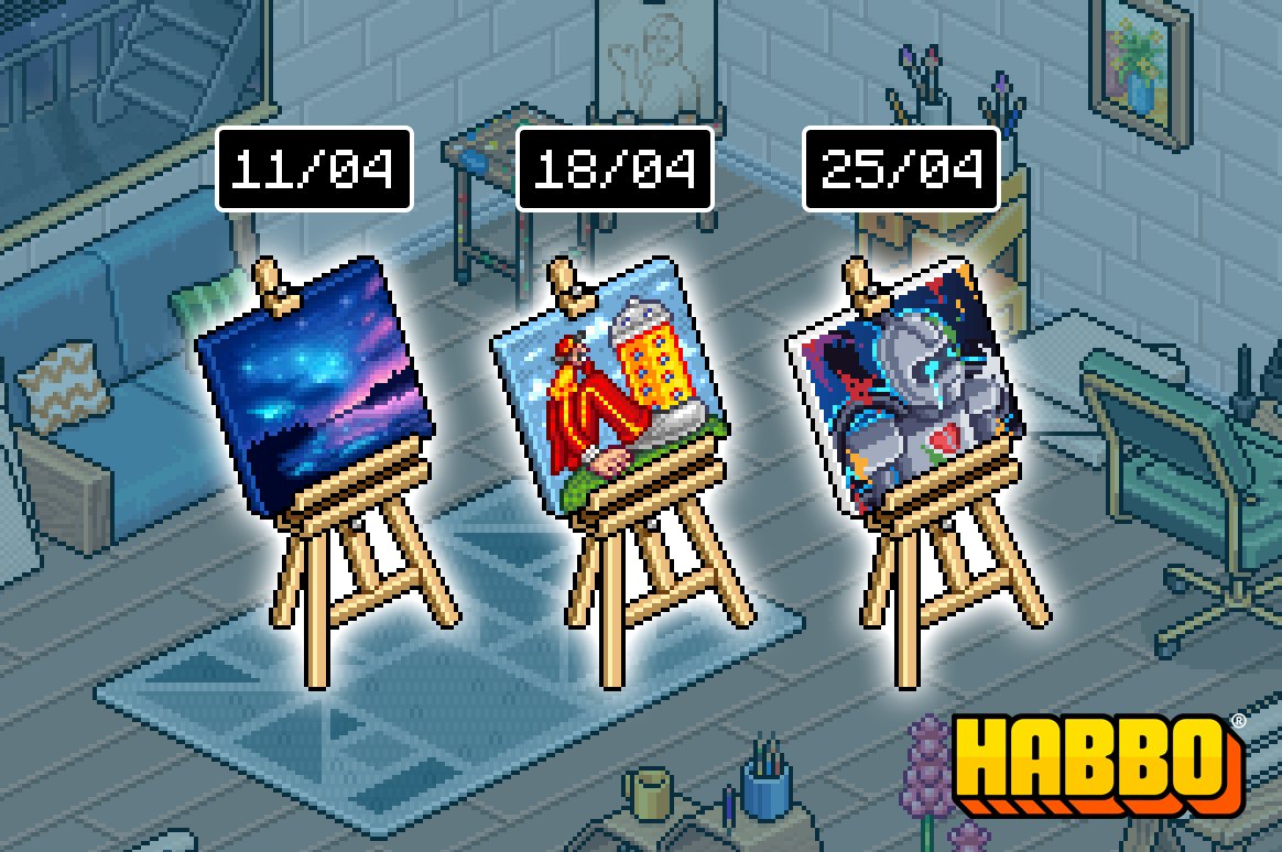 🎨 𝗘𝗮𝘀𝗲𝗹 𝗿𝗲𝗹𝗲𝗮𝘀𝗲 𝗱𝗮𝘁𝗲𝘀

For those of you keen to get your hands on any of the three easels created by <a href="/Teschietto96/">Tes 🎨🖌️</a>, <a href="/WesthimBR/">ᴡᴇsᴛʜɪᴍ ✦</a>, or <a href="/EggHabbo/">Egg</a>, sale dates ⬇️

⦿ Starry Sky Easel – April 11th
⦿ Habboporu Easel – April 18th
⦿ The Crying Robo Easel – April 25th