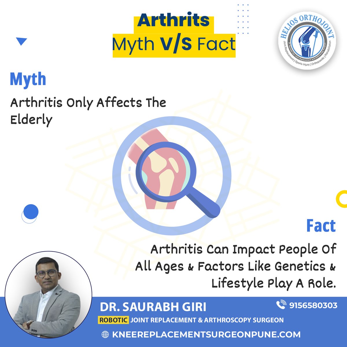 Myth: Arthritis only affects the elderly. 🌟 Fact: It can affect all ages, influenced by genetics and lifestyle. Seek Dr. Saurabh Giri's .

🌏 kneereplacementsurgeonpune.com
📲9156580303
📍maps.app.goo.gl/YdbTwXjQnE5uMg…

#arthritistreatment #arthritis #chronicpain #pune #pcmc #PimpriChinchwad