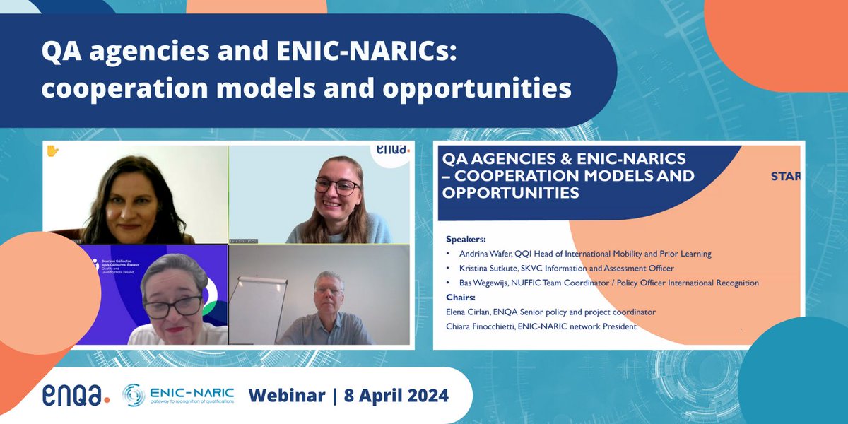 🔴 [LIVE] ENQA and <a href="/ENIC_NARIC/">ENIC-NARIC Networks</a> webinar about cooperation between QA agencies and ENIC-NARIC centres is on, with 🇮🇪 🇱🇹 🇳🇱 cases presented. 

Learn more about recognition:
➡️  #enqaGA 2023: enqa.eu/events/2023-en…
➡️ LIRECA project practical recommendations: skvc.lt/uploads/docume…