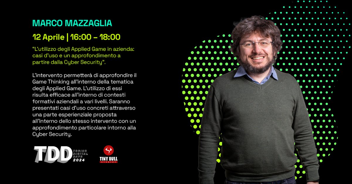 TinyBullStudios's tweet photo. Vuoi scoprire come gli #AppliedGames possono rivoluzionare la formazione in azienda?
Marco Mazzaglia, Business Developer e Videogame Evangelist, vi aspetta il 12 Aprile ai #TorinoDigitalDays per un incontro esclusivo.
Per dettagli e info: https://t.co/0rA27gWyS6
#GameThinking https://t.co/b37D9zfKZu