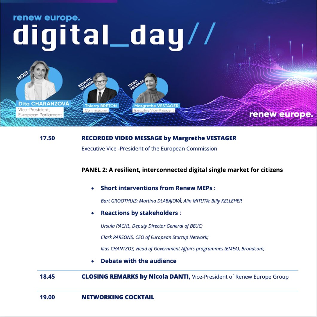 🗣 Rendez vous le 9 avril à partir de 16h30 pour le Renew Europe Digital Day !   

📷 IA, DMA, DSA, sécurité, équité sur internet : je reviendrai sur tout ce qui a été achevé en matière de numérique au cours de mon mandat.  

👉app.livecasts.eu/renew-europe-d…