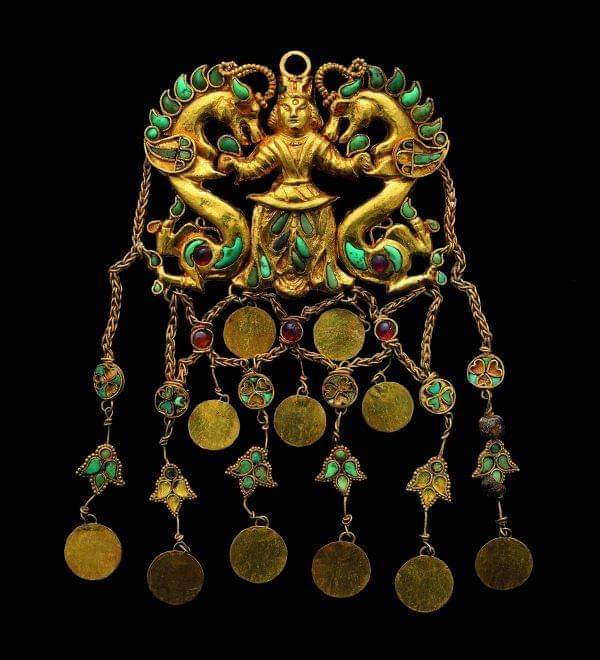 Pair of Pendants depicting the 'Dragon Master'; from Tomb II, Tillya Tepe, Afghanistan. It was the part of Bactrian Gold Hoard (Collection of about 20,600 ornaments, coins and other kinds of artifacts, made of gold, silver, ivory, etc.), that were found in 6 burial mounds erected…