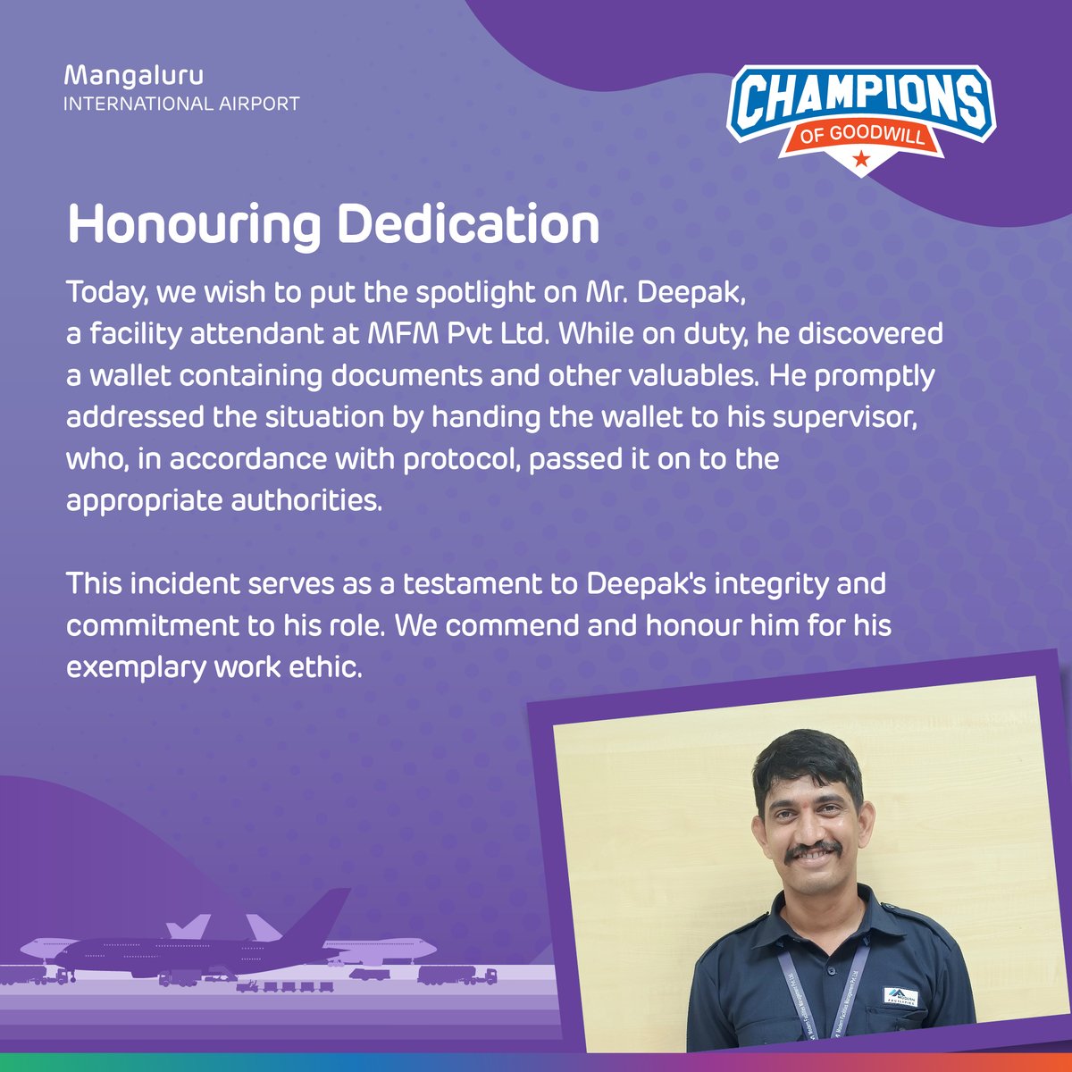 #MangaluruAirport commends Mr. Deepak, a facility attendant at MFM Pvt Ltd, for his integrity and dedication to customer service. Thank you for setting a stellar example and embodying the values of our #GatewayToGoodness. #MangaluruAirport #ChampionsOfGoodwill #Airports