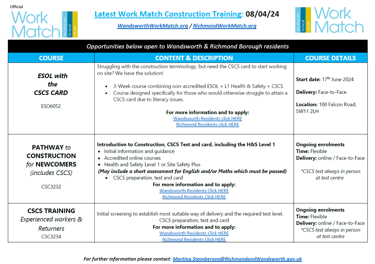 #MondayMorning
Check out our free #construction training for #Richmond & #Wandsworth residents in images👇

Includes
#CSCS for beginners & exp. workers including #ESOL

Head to our website for details, enrol & view our #Job #Vacancies
bit.ly/3todRCZ
#WorkMatch #WorkLocal