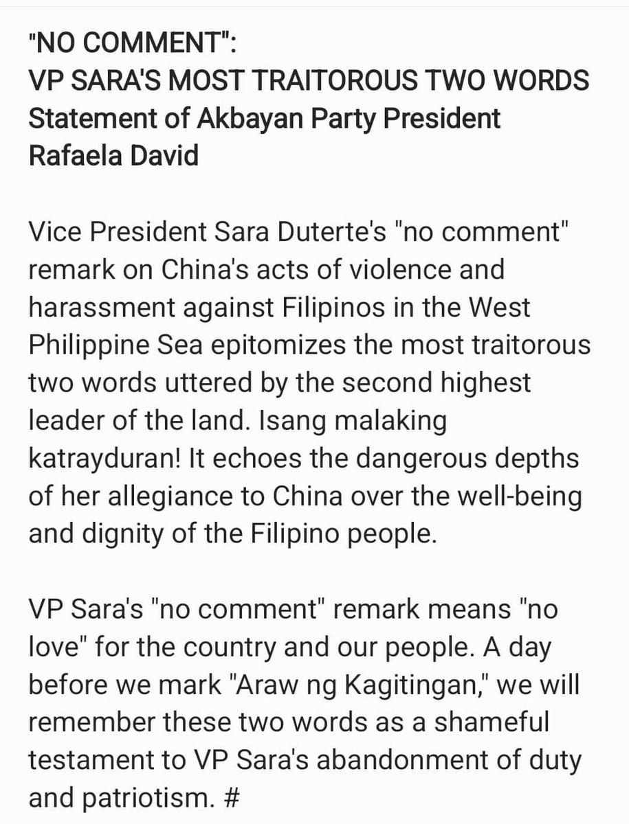 READ: Akbayan Party president Rafaela David calls out VP Sara Duterte's 'no comment' regarding the issue of China's violence and harassment against Filipino fisherfolk in the West Philippine Sea. David says Duterte's remark 'epitomizes the most traitorous two words uttered by…