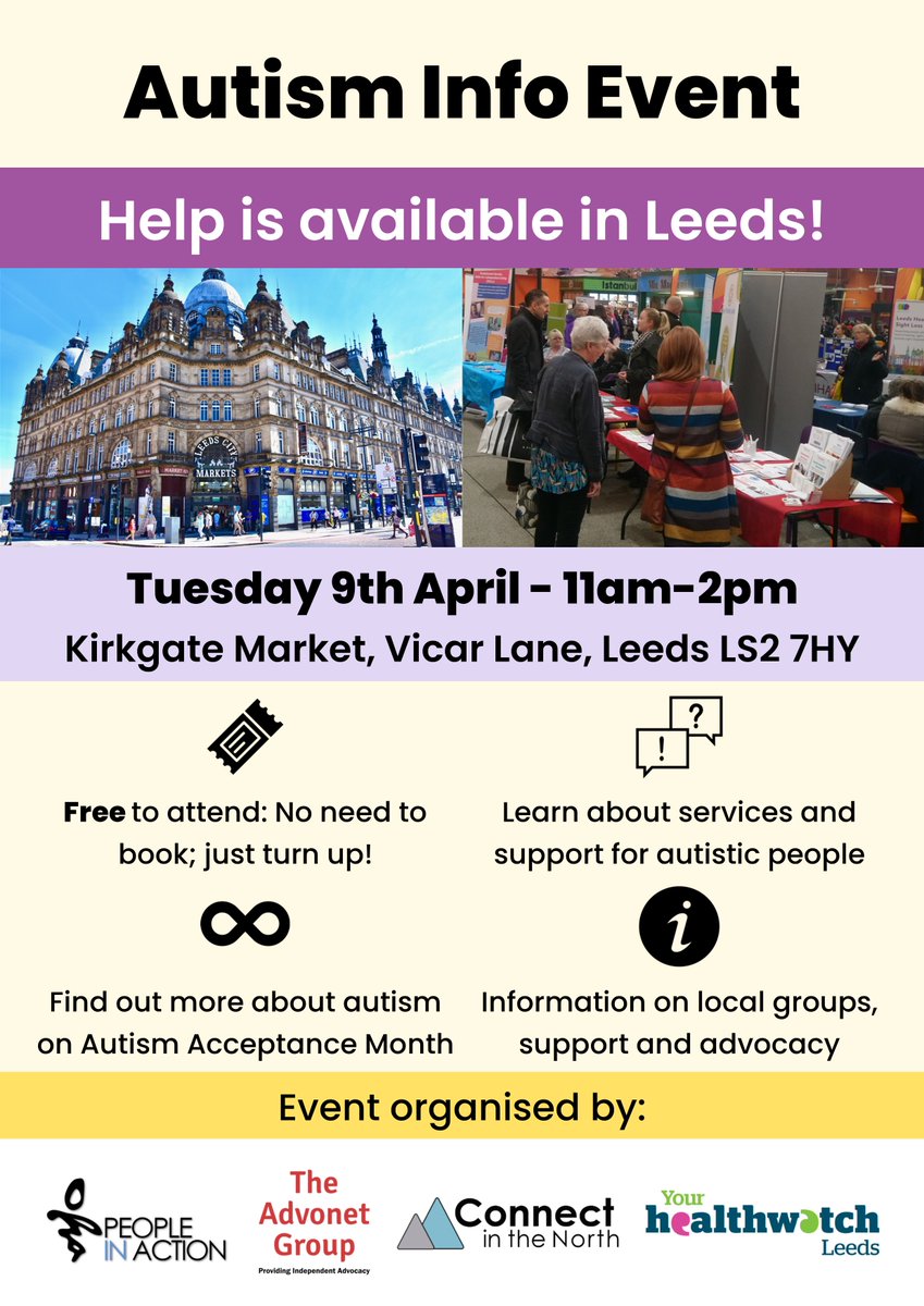 Come and say Hello! We'll be at the Autism Info Event tomorrow at @KirkgateMarket. We're excited to celebrate #AutismAcceptanceMonth with our friends at @PeopleInAction @AdvonetUK @ConnectintNorth @HWLeeds #ActuallyAutistic