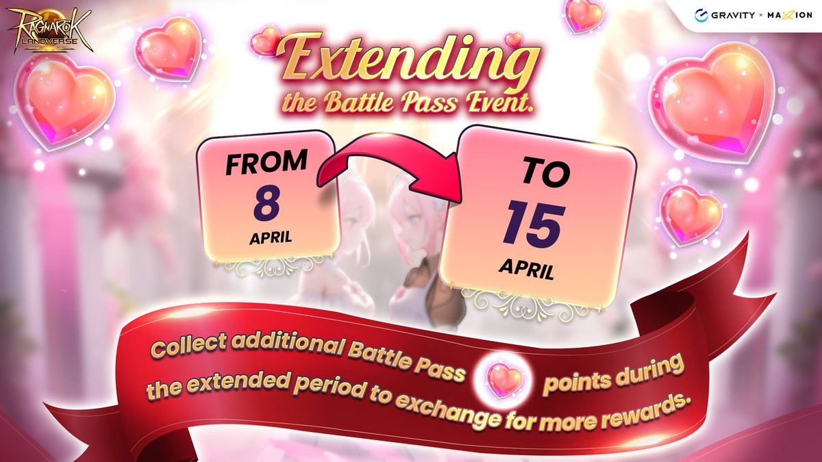 Extending the Romantic Realm Battle Pass . Attention all adventurers! The Romantic Realm Battle Pass, originally scheduled to end on April 8th, has been extended to April 15th. . 💙at #RagnarokLandverse on PC! ☛ landverse.maxion.gg/download2 . #RagnarokOnline #Web3Gaming #PCMMORPG