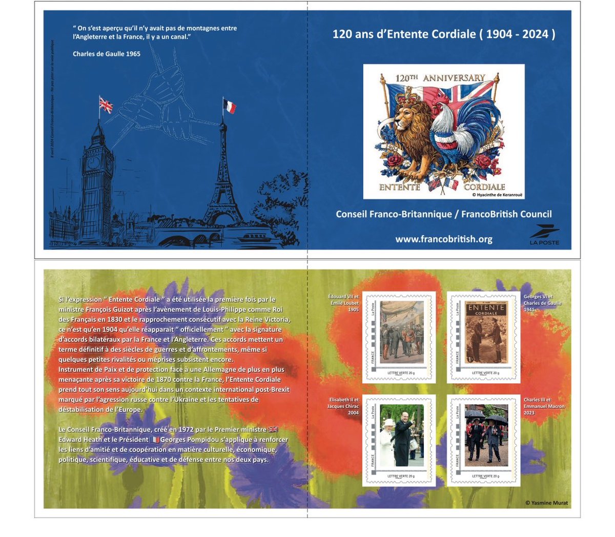 Aujourd'hui, pour commémorer les 120 ans de l'Entente Cordiale, le Conseil franco-britannique a publié des timbres commémoratifs dans le cadre d'un projet dirigé par @senateurJGM