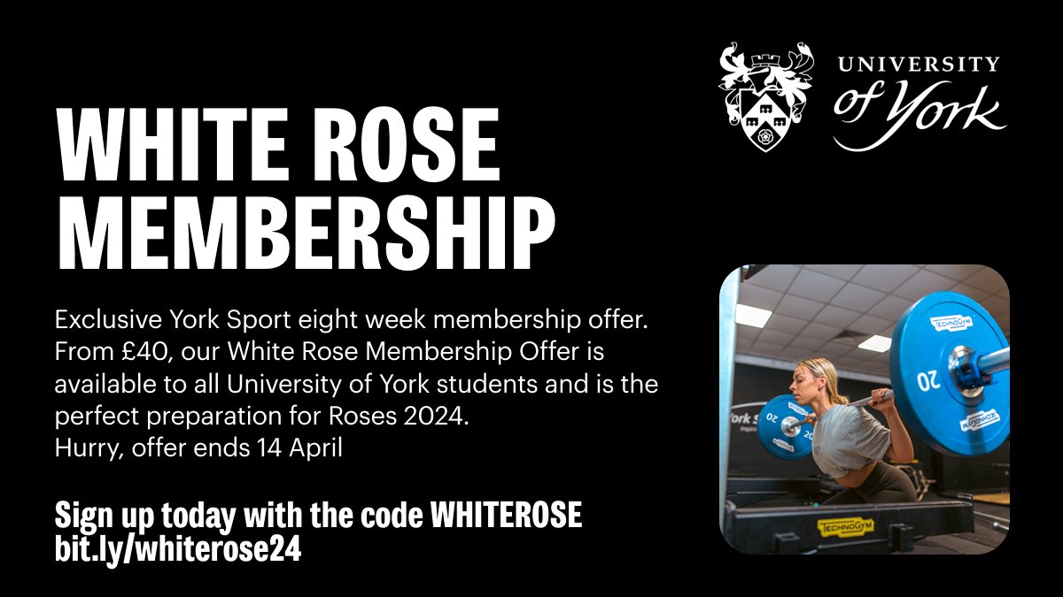 Ready to start getting ready for Roses 2024? York Sport's latest student membership offer is now running, available until 14 April. Access eight weeks of York Sport membership from just £40 🏋️🏃 Find out more or sign up now at: bit.ly/whiterose24