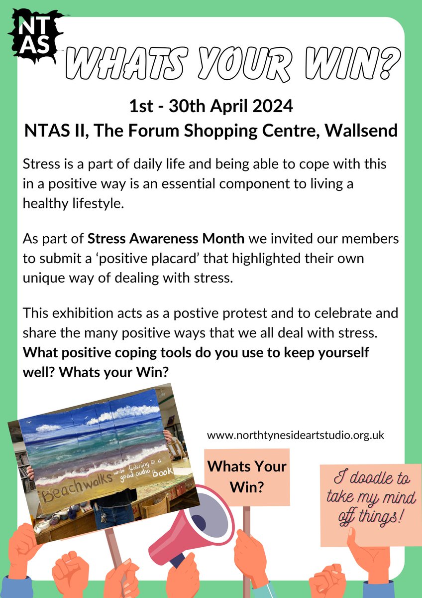 Whats Your Win? An #exhibition by <a href="/ntartstudio/">North Tyneside Art Studio</a> members for #StressAwarenessMonth, is now open! Head to the NTAS II, The Forum Shopping Centre Wallsend before 30th April 2024 for your chance to see it! #art #mentalhealth #charity