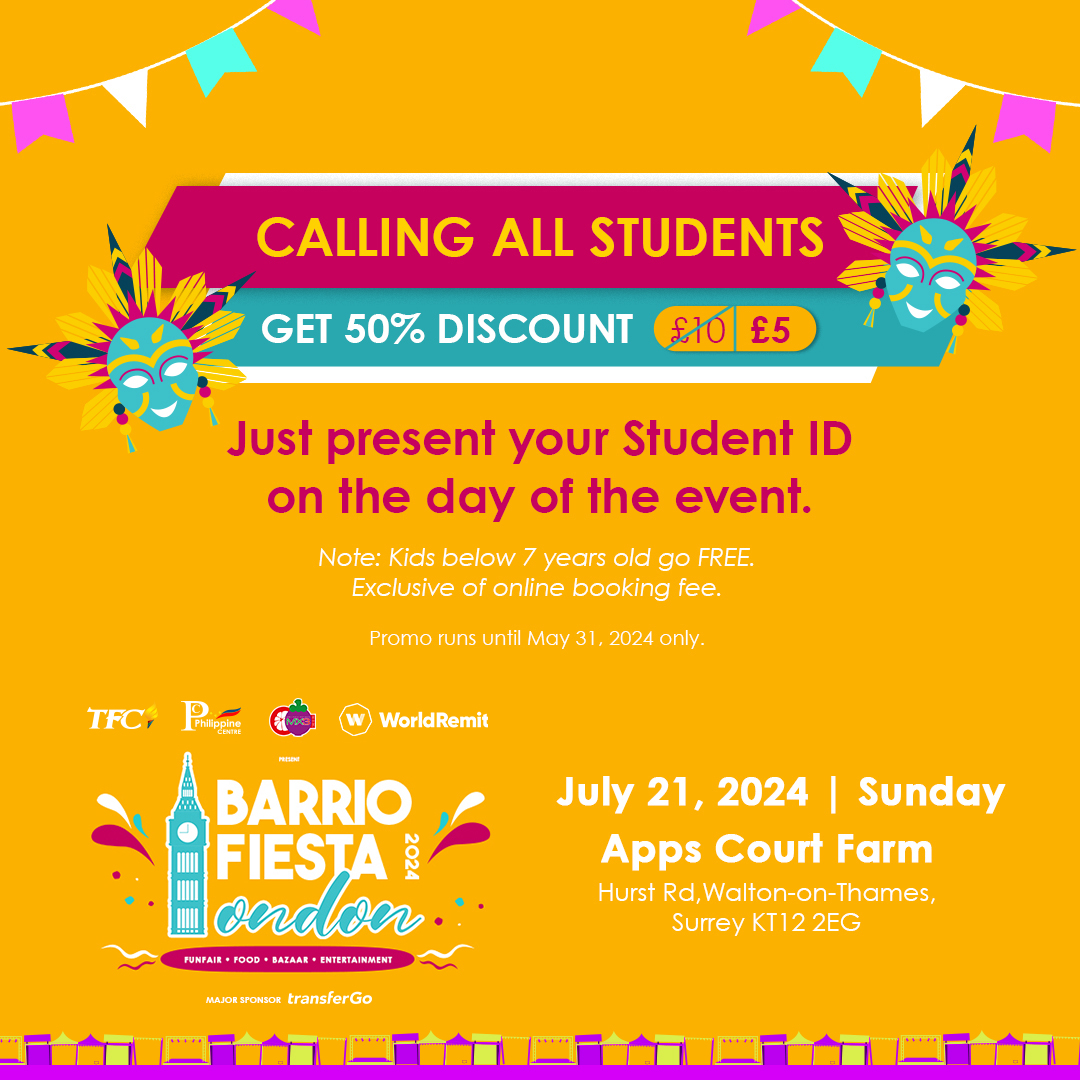 Calling all students! Gawing unforgettable ang weekend ninyo sa July 21, 2024 sa Apps Court Farm! It's Barrio Fiesta time! GET YOUR STUDENT DISCOUNTS and BARKADA BUNDLES NOW! 🥰 bit.ly/BarrioFiestaLo… *Promo until 31 May 2024 only #BarrioFiestaLondon2024