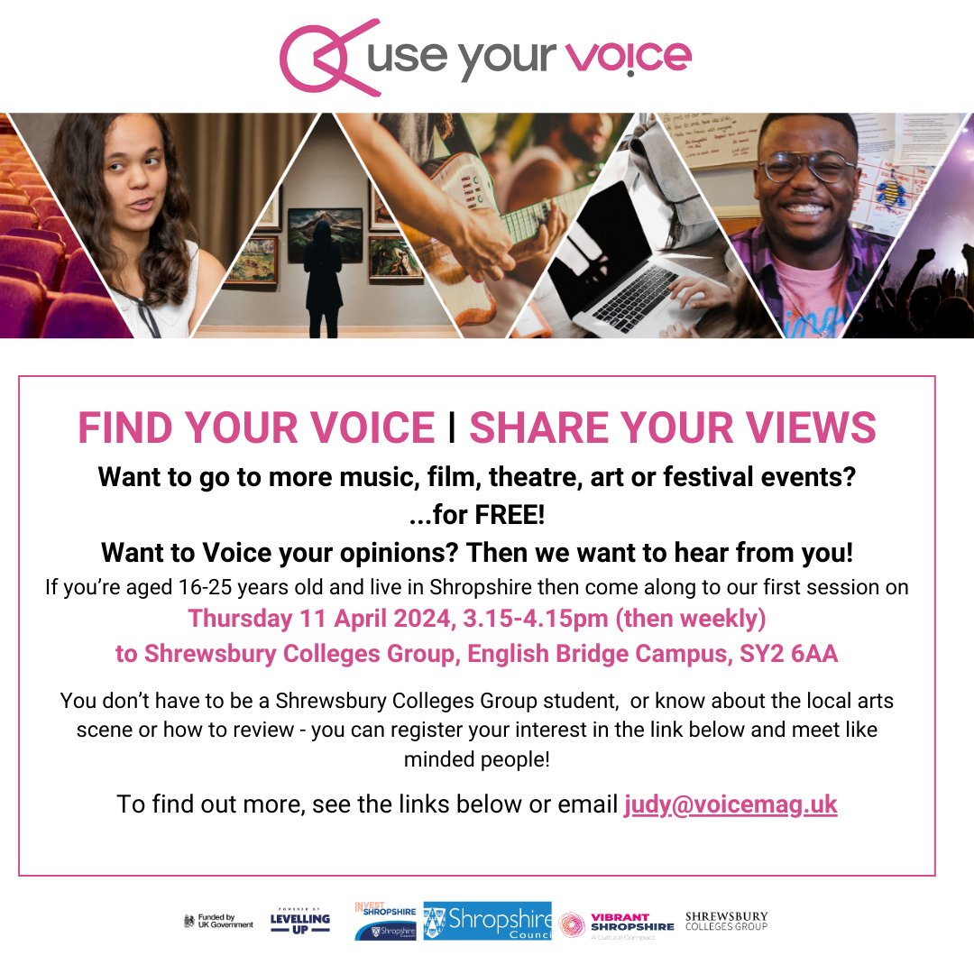 LAST CHANCE ‼️ ARE YOU AGED 16 TO 25, BASED IN SHREWSBURY AND LOVE ATTENDING ARTS AND CULTURAL EVENTS? WE HAVE A BRAND NEW OPPORTUNITY FOR YOU! 🎉 Click the following link and scroll down to 'Shropshire' to find out more and register your interest: voicemag.uk/local-reviewers