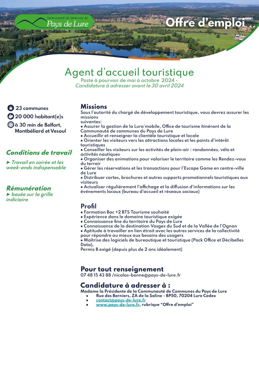 💼 Offre d'emploi 💼
La Communauté de Communes du Pays de Lure recrute un(e) Agent d’accueil touristique. Le poste est à pourvoir de mai à octobre 2024 et les candidatures sont à adresser avant le 30 avril 2024 👉 toutes les infos dans l'offre
