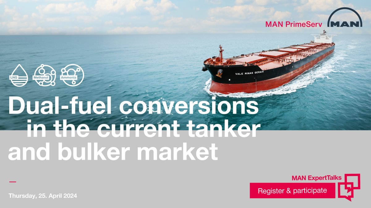 Unlock the future of maritime sustainability! Join us on April 25th, 2024, 09:00 – 10:00 am CET for our MAN ExpertTalk. Learn all about dual-fuel conversions for bulkers and tankers and seize the opportunity to lead the charge in eco-conscious shipping. register.gotowebinar.com/register/32623…