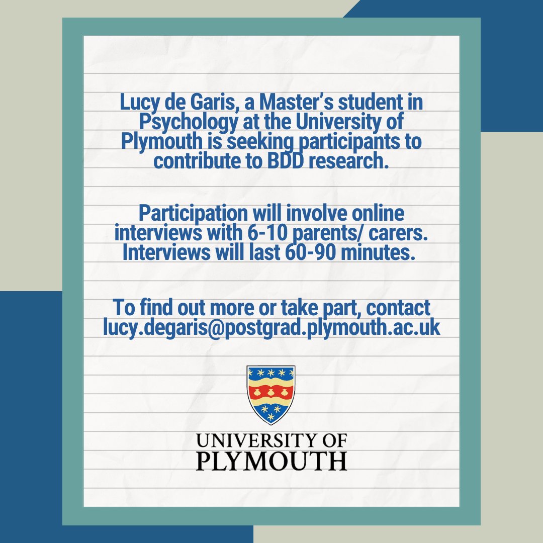 Are you a parent or carer of a young person with BDD?⁠ Are you interested in supporting important research? ⁠ Lucy's study is still seeking participants. If you would like to sign up or find out more about the study, please contact lucy.degaris@postgrad.plymouth.ac.uk⁠