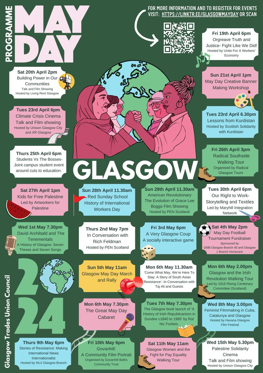 Check out the full programme of Glasgow May Day events this year. Don't miss out on your favourites and book now. Further information and to register for events visit- linktr.ee/glasgowmayday #GlasgowMayDay