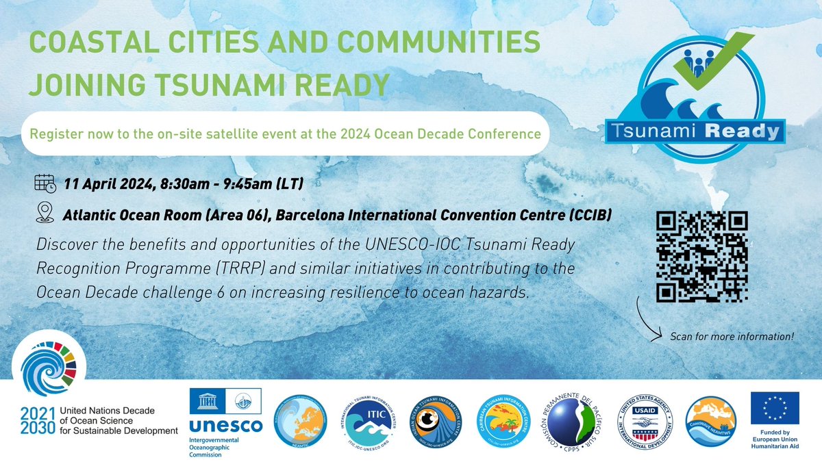 Join us on 11 April 2024, 8:00 AM CEST for a satellite event on Coastal Cities and Communities Joining Tsunami Ready at the 2024 Ocean Decade Conference. Explore tsunami preparedness, the UNESCO/IOC Tsunami Ready Recognition Programme &amp; much more! Register:ow.ly/Knlk50R3VPW