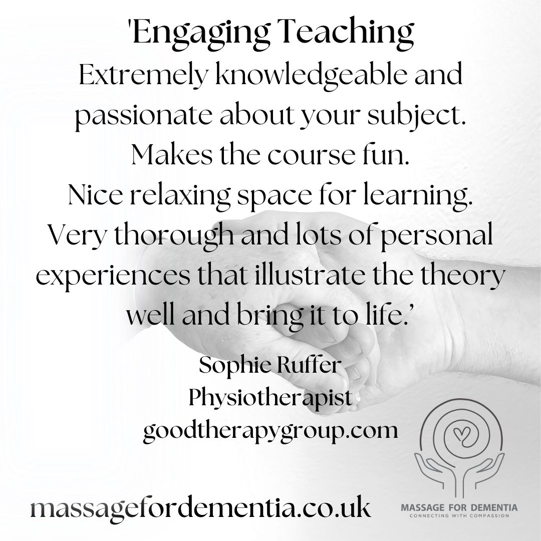 Sometimes people attend my training as professionals
to become more #inclusive
fine tune skills
contribute towards more #DementiaFriendly communities

Sophie attended my 1 day course
twice
then the advanced course

massagefordementia.co.uk/courses/

#massage #dementia #MeetMeWhereIAm #CPD