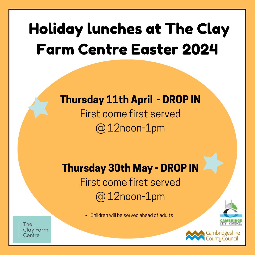 Here are the dates for our next free holiday lunches - thank you to Cambridge Sustainable Food for supplying them. - Thursday 11th April 12pm-1pm - Thursday 30th May 12pm-1pm Drop in anytime, children are served first.