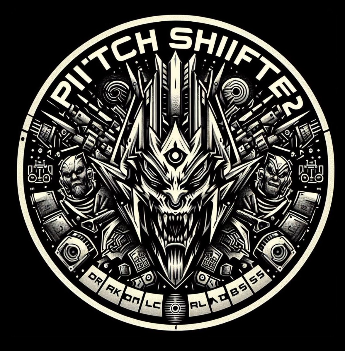 “Hal 9000, design a logo for the band 'Pitchshifter', make sure that it makes reference to the band's metal, drum and bass, punk, and electronica influences