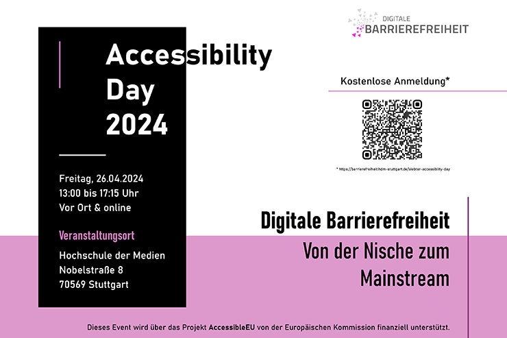 Der siebte „Accessibility Day" am 26. April 2024 an der Hochschule der Medien (HdM) in Stuttgart zeigt exemplarisch, wo digitale Barrierefreiheit heute schon zum Mainstream gehört. Interessierte sind herzlich willkommen: ow.ly/EzWW50R9i3P