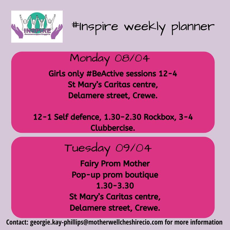 Whats on at #Inspire this week...? Today we have our girls only #BeActive sessions Thanks to @Sport_England and @CheshirePCC for helping to make this happen and #RemovingBarriers for girls to try sport. Tuesday is our Fairy prom mother event- come down and get your Prom dresses!