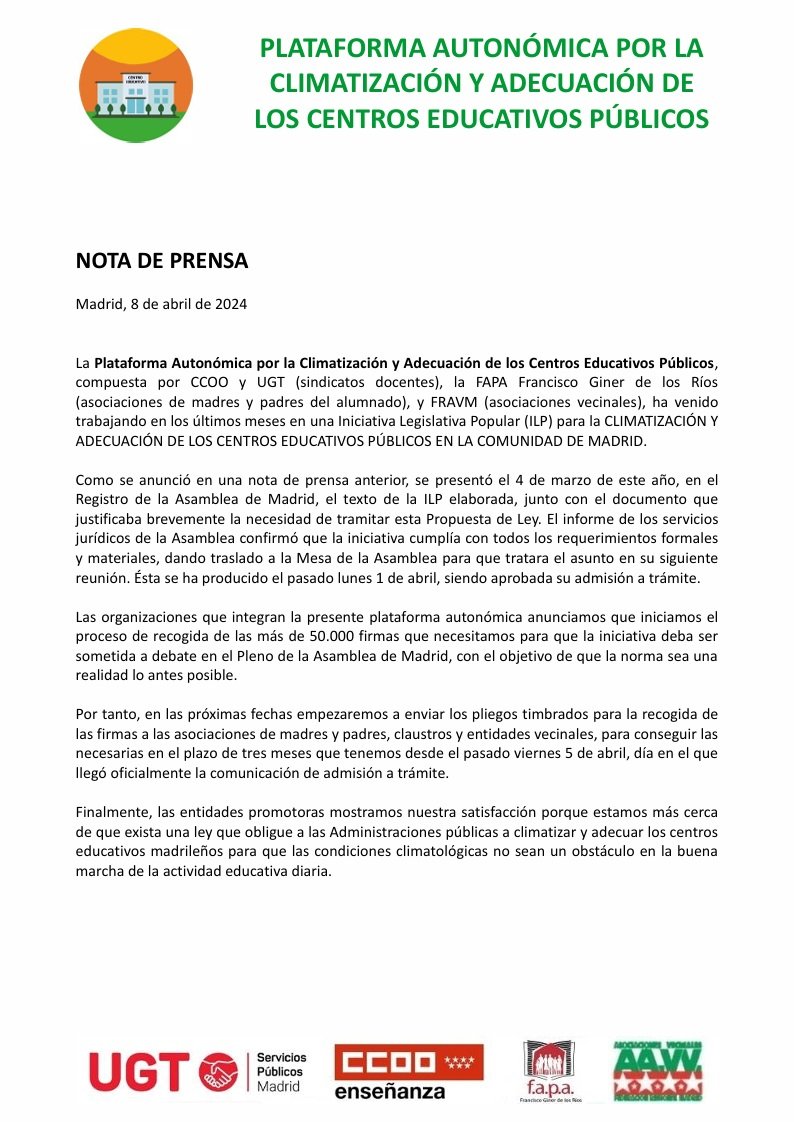 FAPA_Giner_Rios's tweet photo. 📣ADMITIDA A TRÁMITE
Iniciativa Legislativa Popular (ILP) para la CLIMATIZACIÓN Y ADECUACIÓN DE CENTROS EDUCATIVOS PÚBLICOS @ComunidadMadrid
🖋📋
 
Plataforma Autonómica  por la Climatización y Adecuación de los Centros Educativos @CCOOMadrid @UGTMadrid
@FRAVM @FAPA_Giner_Rios https://t.co/cRGNIbvpRI