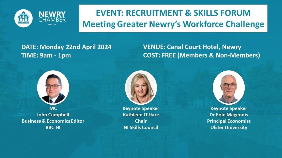 UUEPC Principal Economist, Dr Eoin Magennis will be joining @NewryChamber later this month to discuss #skills & #recruitment challenges in the local labour market. Tickets are free for members & non-members and can be booked via the link: tinyurl.com/3r72rrnj