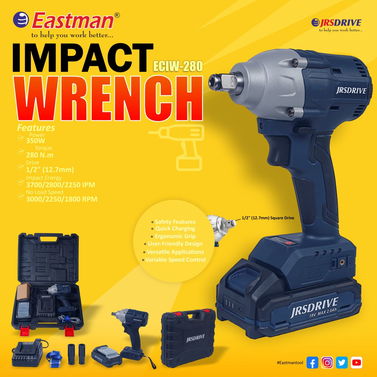 Compact yet very powerful – the Eastman cordless impact driver/wrench is the best choice for users who need to drive big screws or tighten/loosen bolts with high speed.#eastman #eastmantool #handtools #powertools #jrsdrive #impactwrench #VersatileStyle #userfriendly #bestdesign