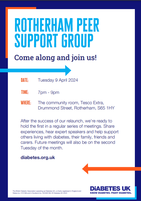 The first meeting for the Rotherham Diabetes Peer Support Group is on 9th April, 7-9pm at the community room, Tesco Extra, Drummond Street. If you've been affected by diabetes in any way, come along and join in 😃 #diabetes